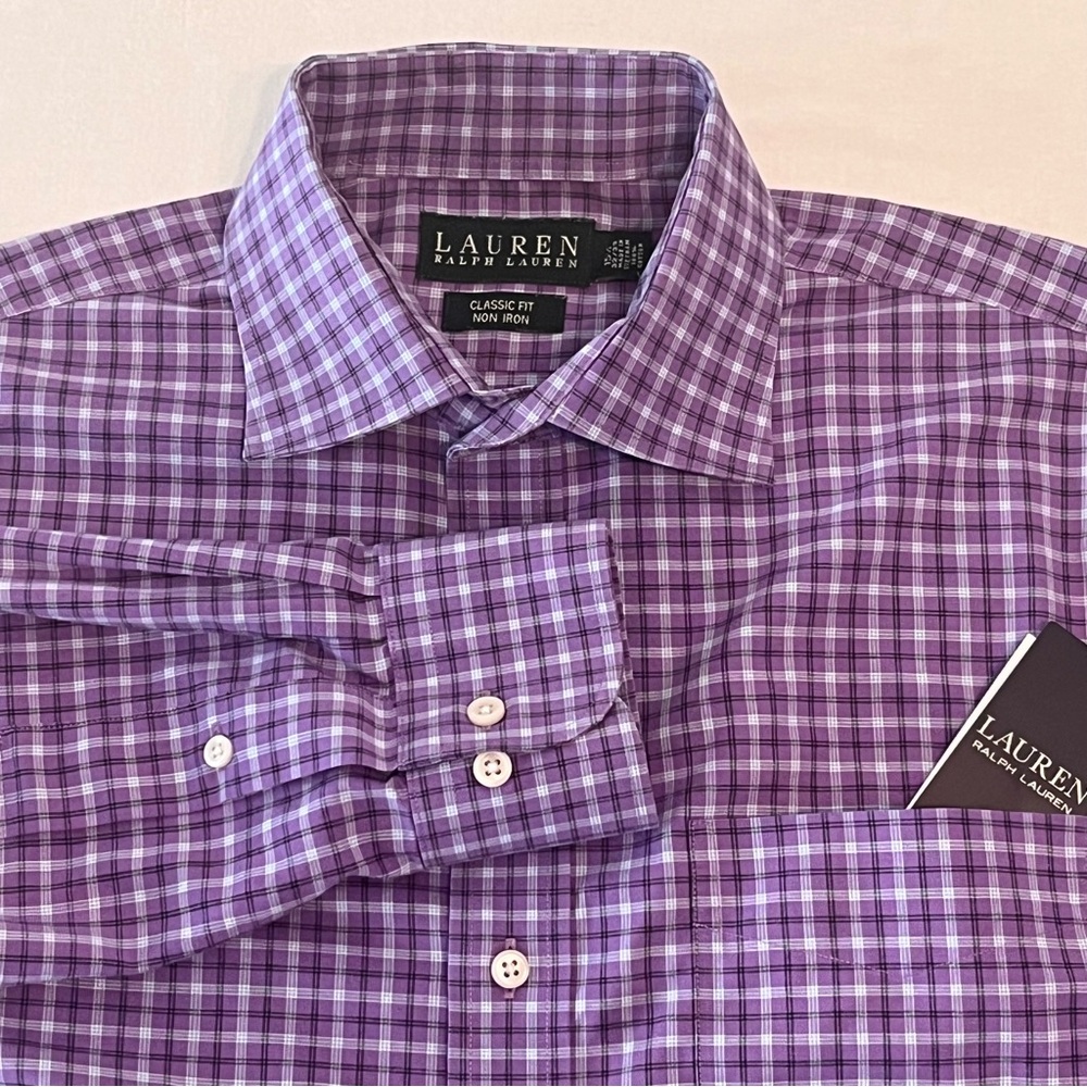Lauren Ralph Lauren Purple Plaid Classic Fit Non Iron Button Up Men Dress Shirt